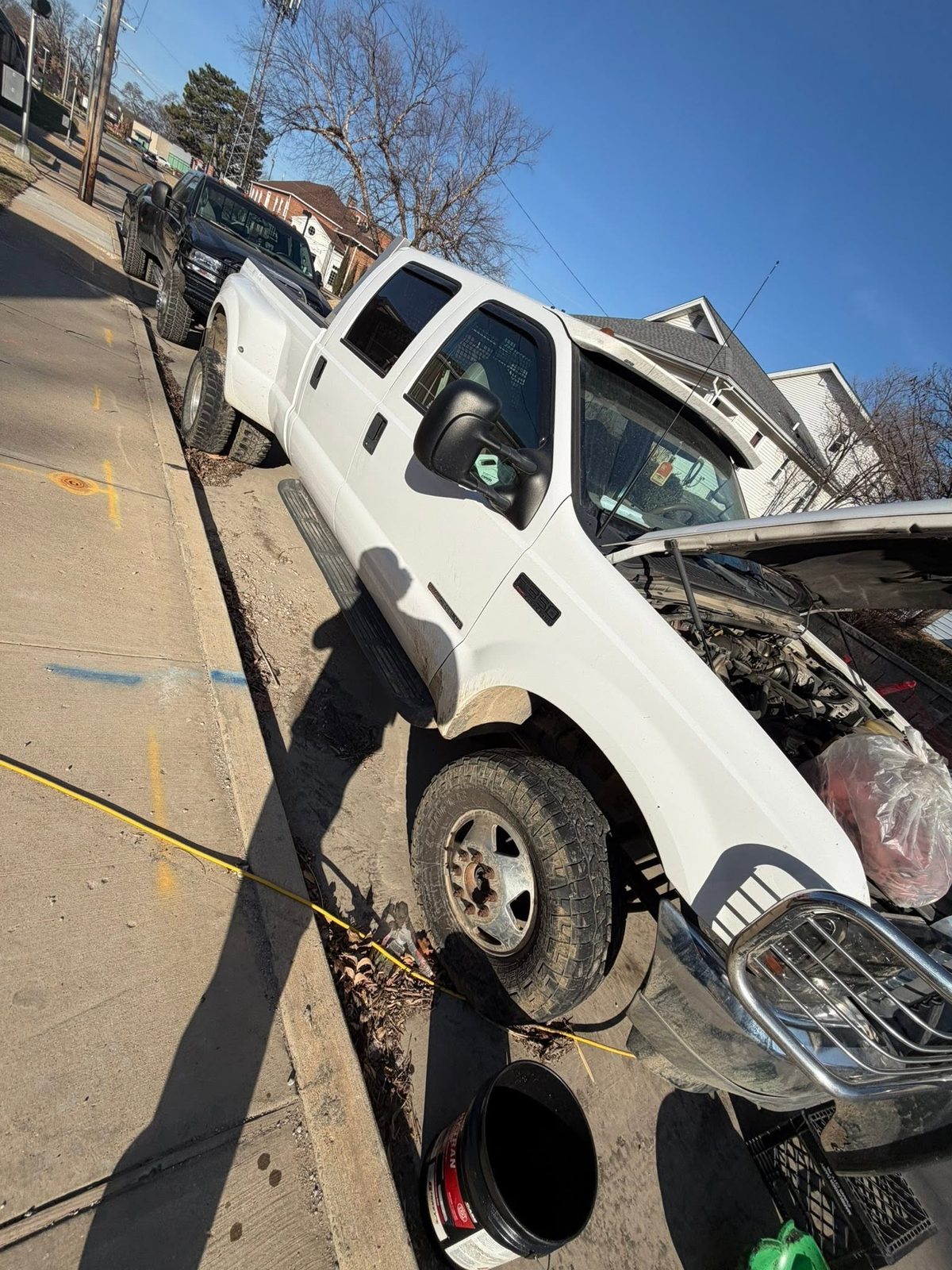Truck lifted at the front end for underbody work